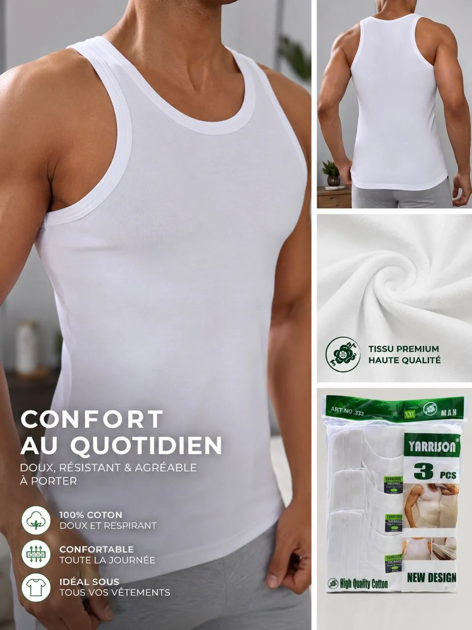 Débardeur homme blanc, lot de 3