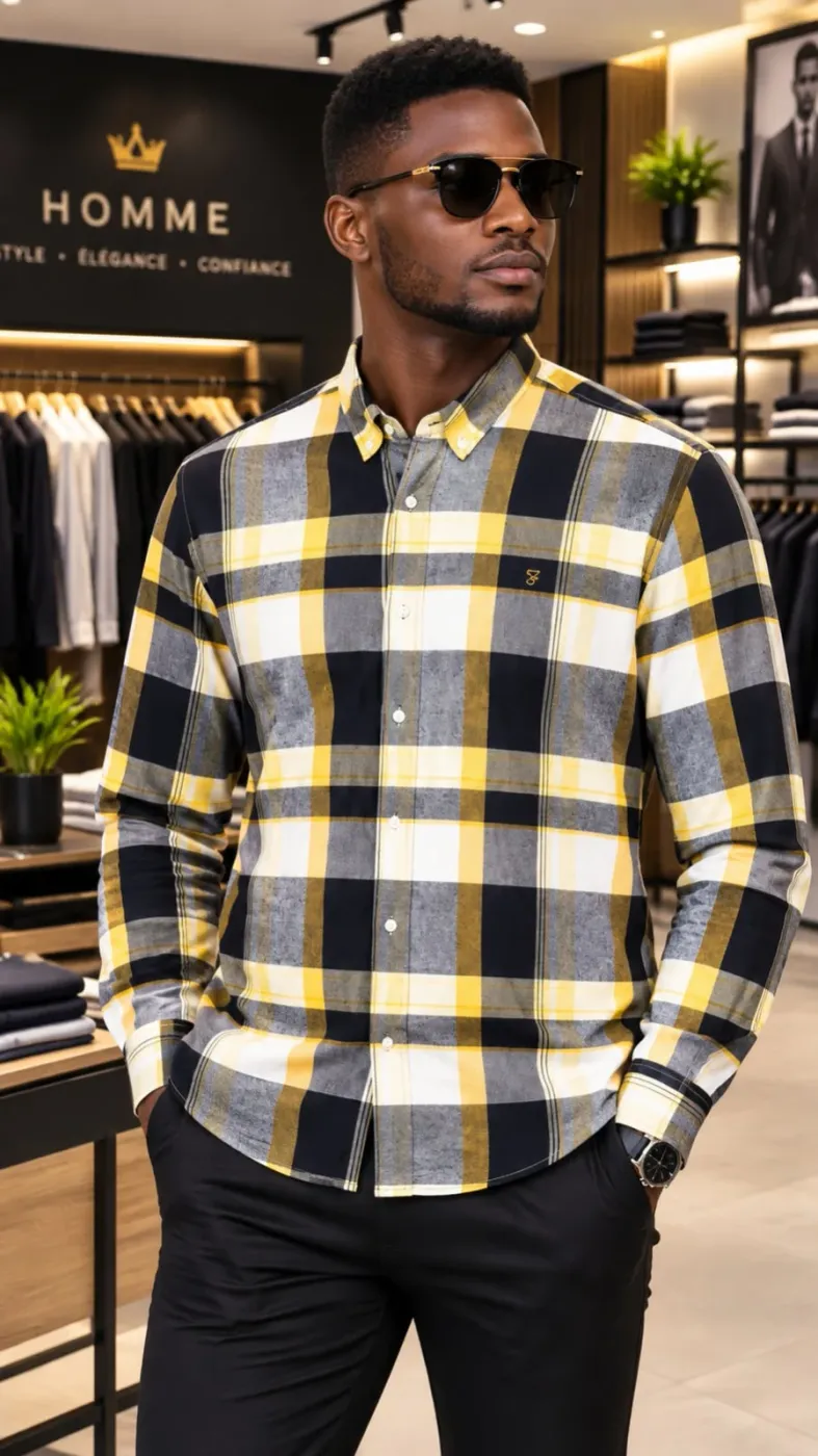 Chemise à grands carreaux noir et jaune