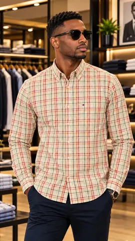 Chemise à carreaux beige et rouge