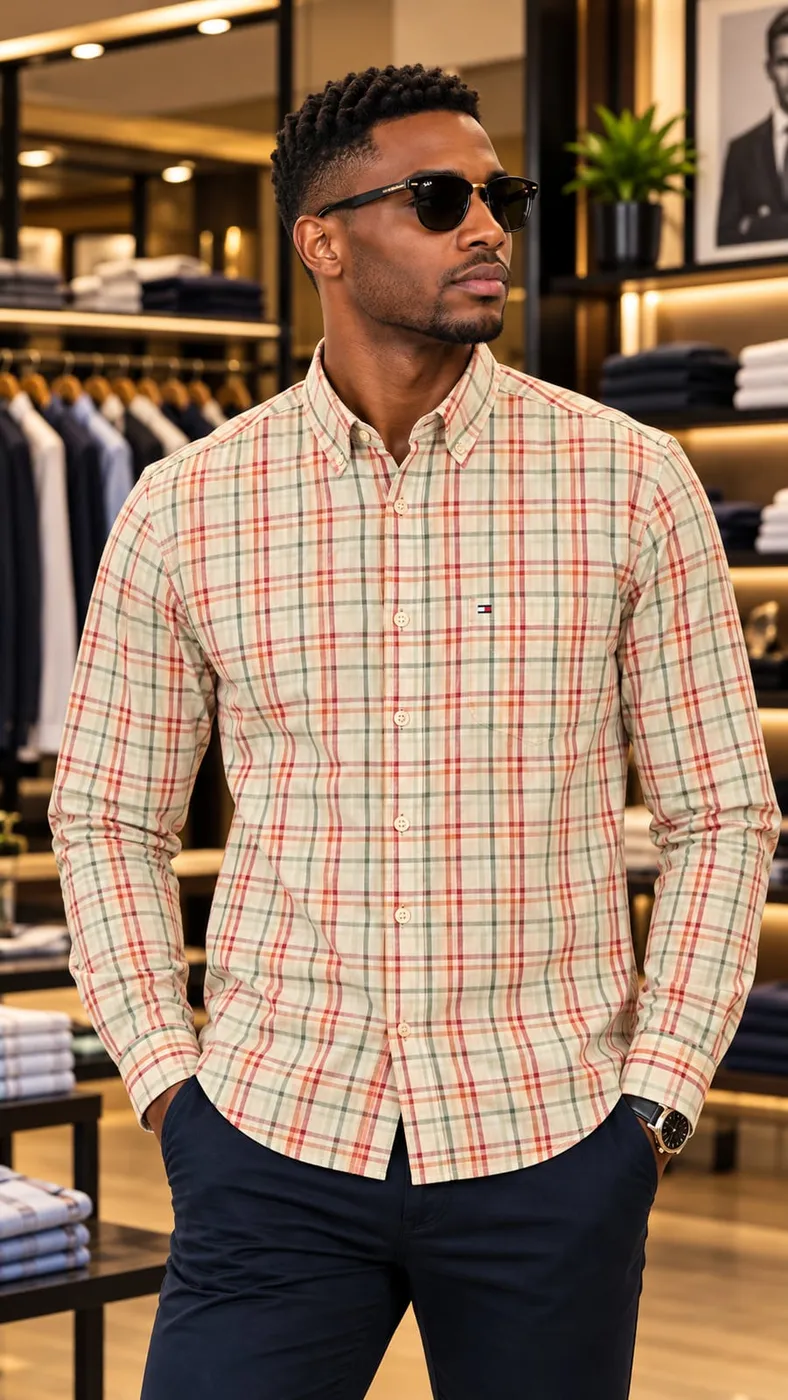 Chemise à carreaux beige et rouge