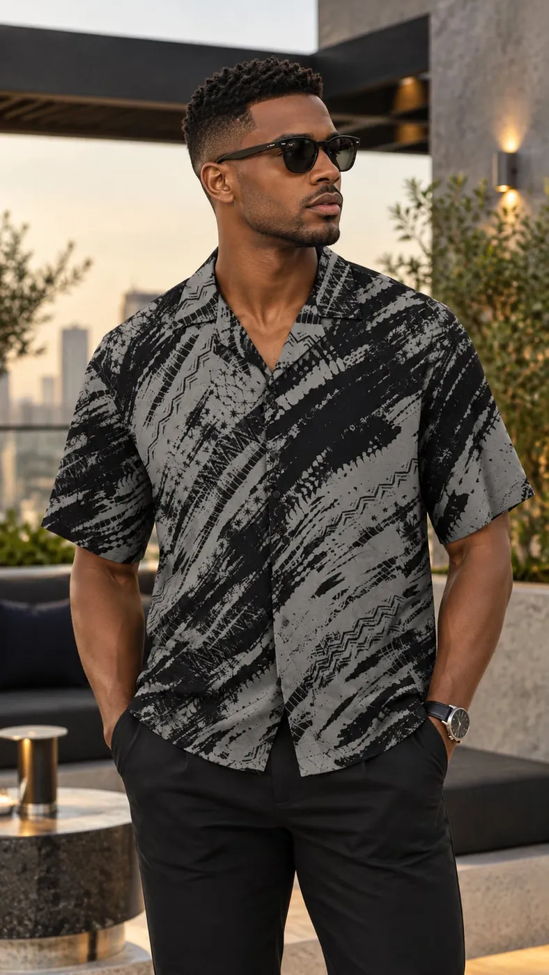 Chemise manches courtes imprimé gris et noir
