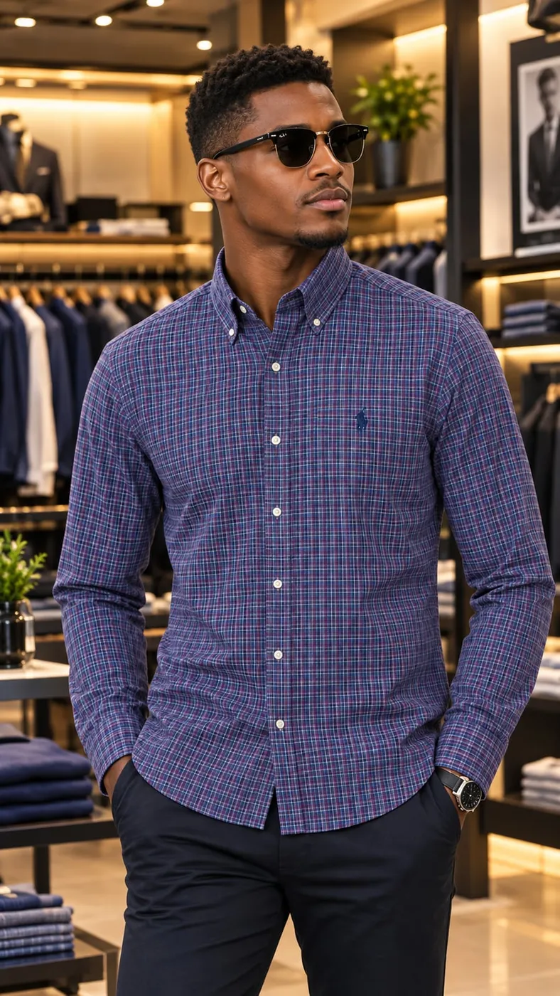 Chemise à petits carreaux bleu marine et violet
