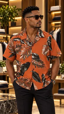 Chemise manches courtes imprimé feuillage orange