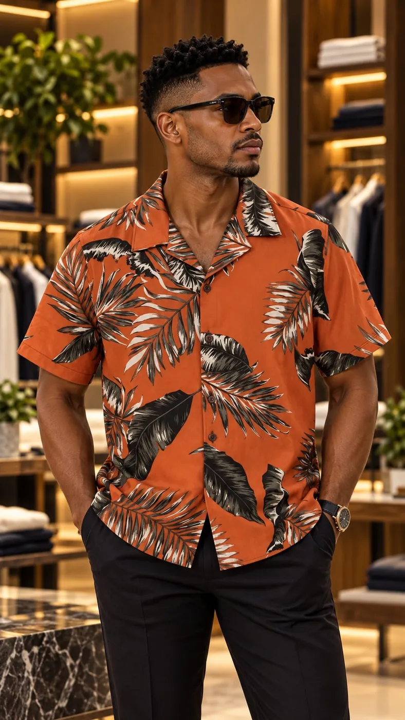 Chemise manches courtes imprimé feuillage orange