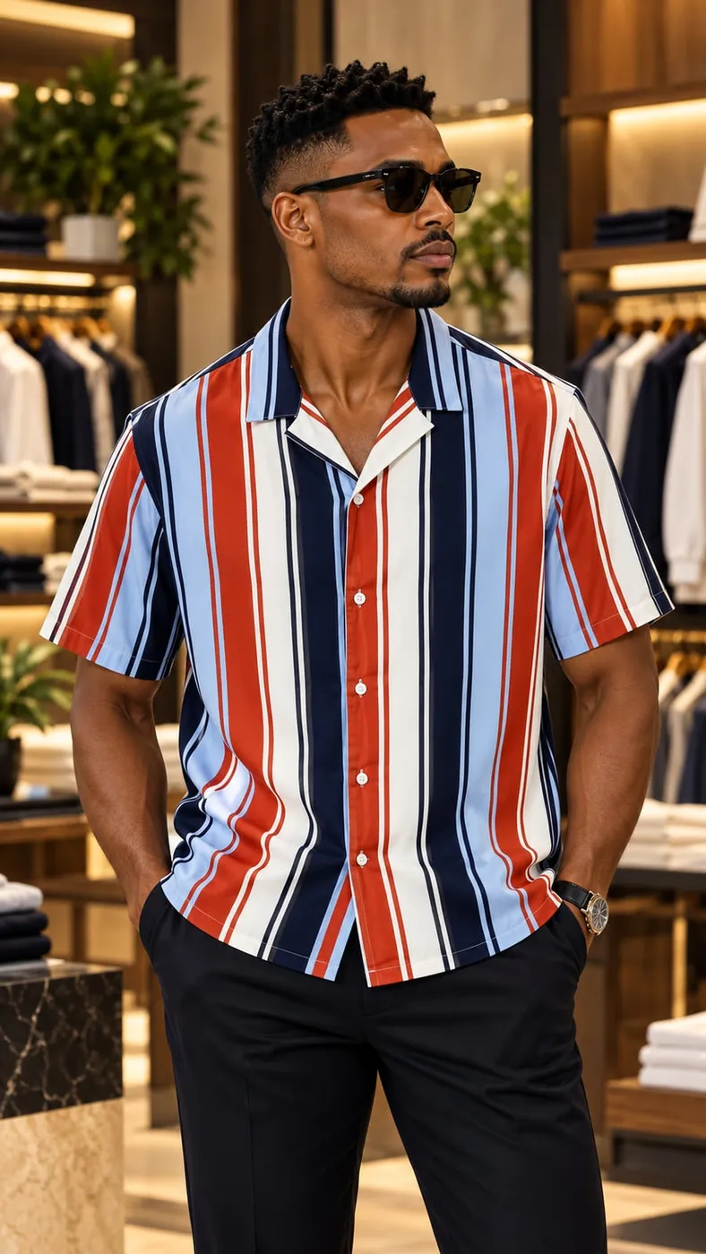 Chemise manches courtes rayée rouge, blanc et bleu